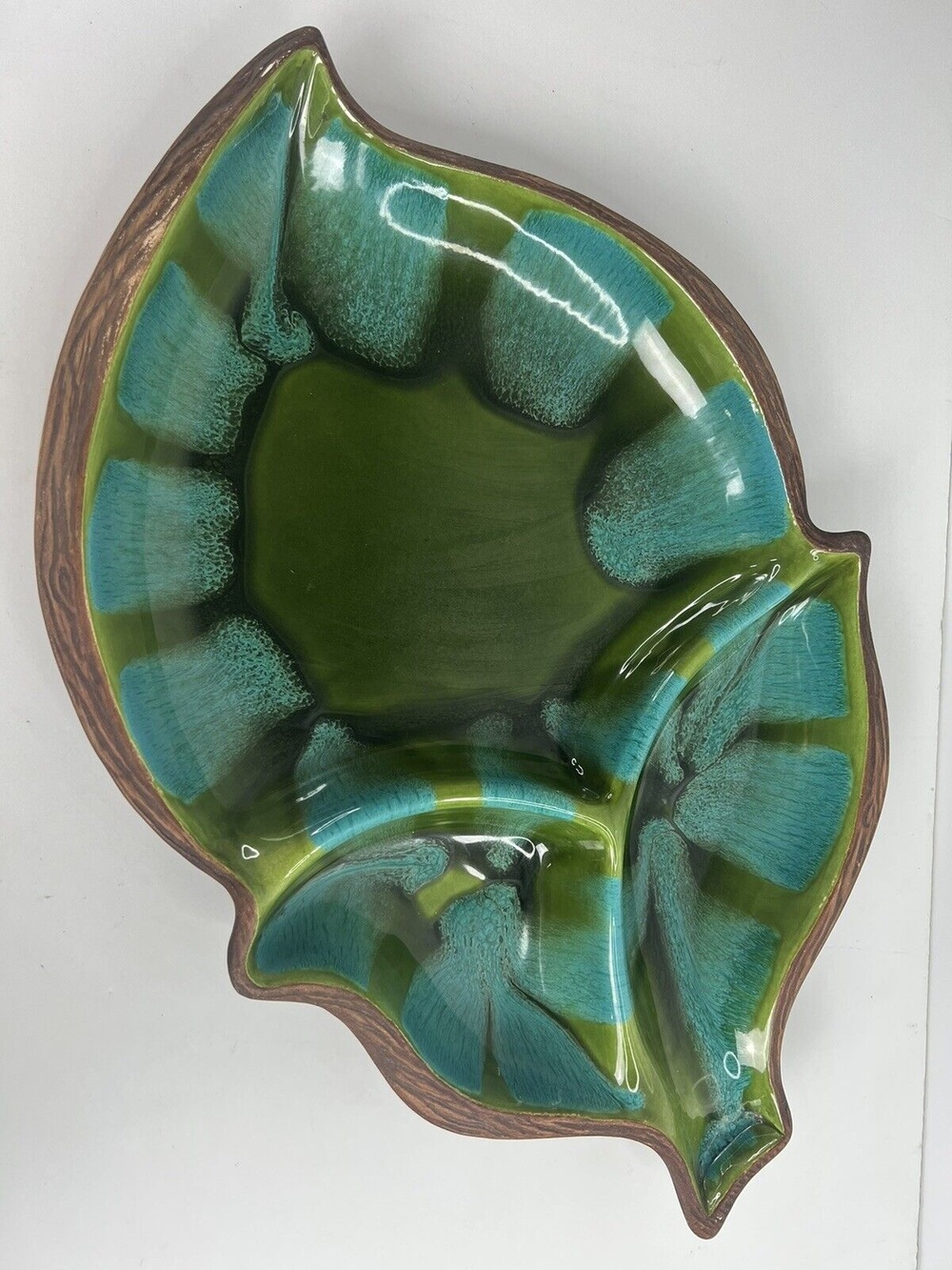 Sequoia Ware 18” Blue Green 3 Part Leaf Dish 601 USA MCM Styling